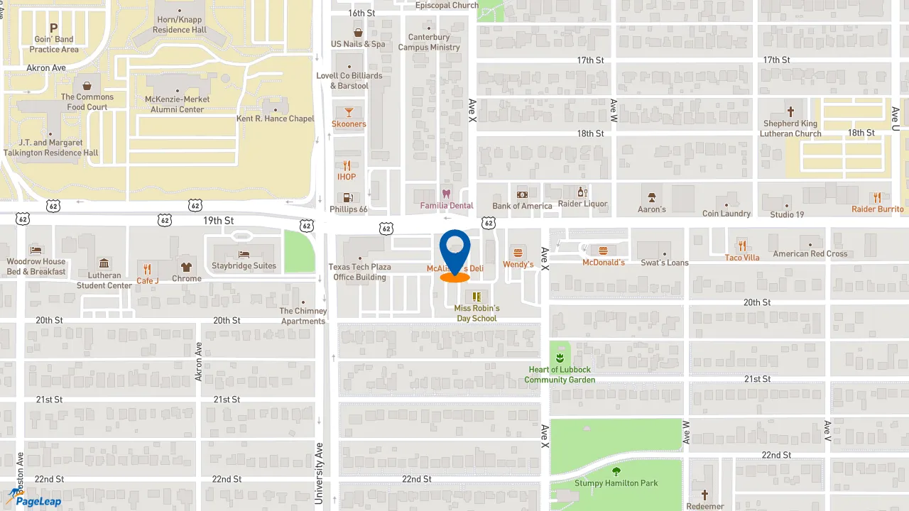 https://pageleap.com map showing location of McAlister&#039;s Deli in Lubbock.