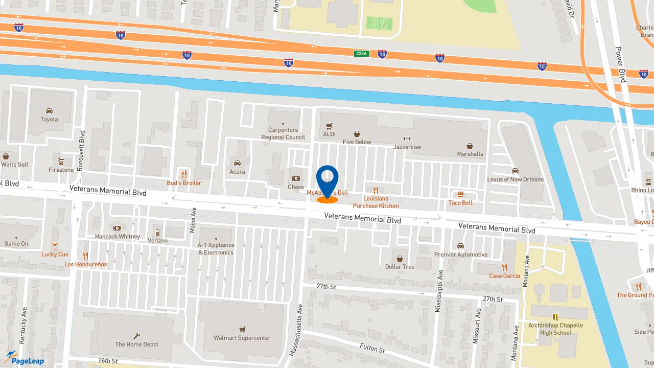 https://pageleap.com map showing location of McAlister&#039;s Deli in Metairie.