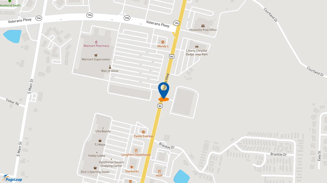 https://pageleap.com map showing location of McAlister&#039;s Deli in Hinesville.