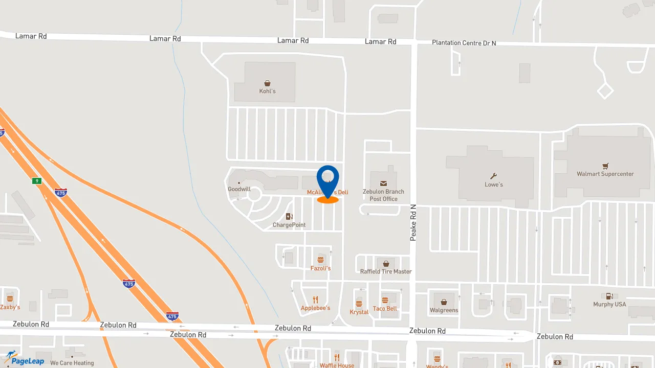 https://pageleap.com map showing location of McAlister&#039;s Deli in Macon.