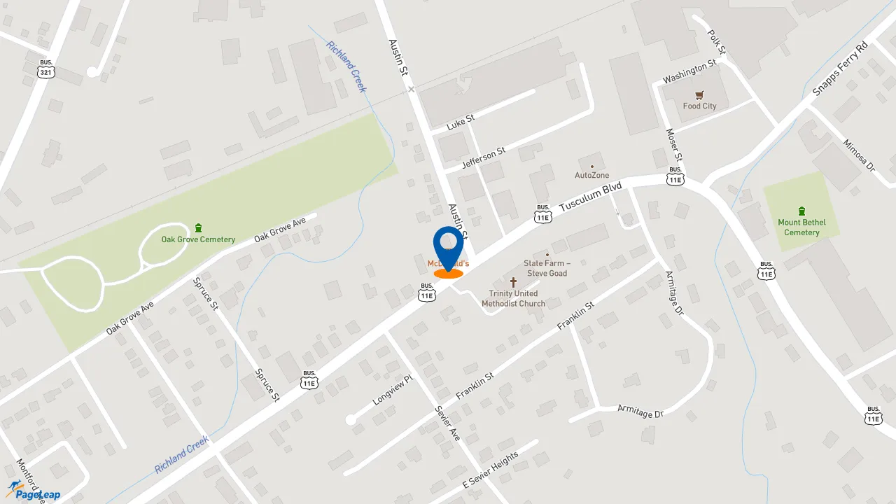 https://pageleap.com map showing location of McDonald&#039;s in Greeneville.