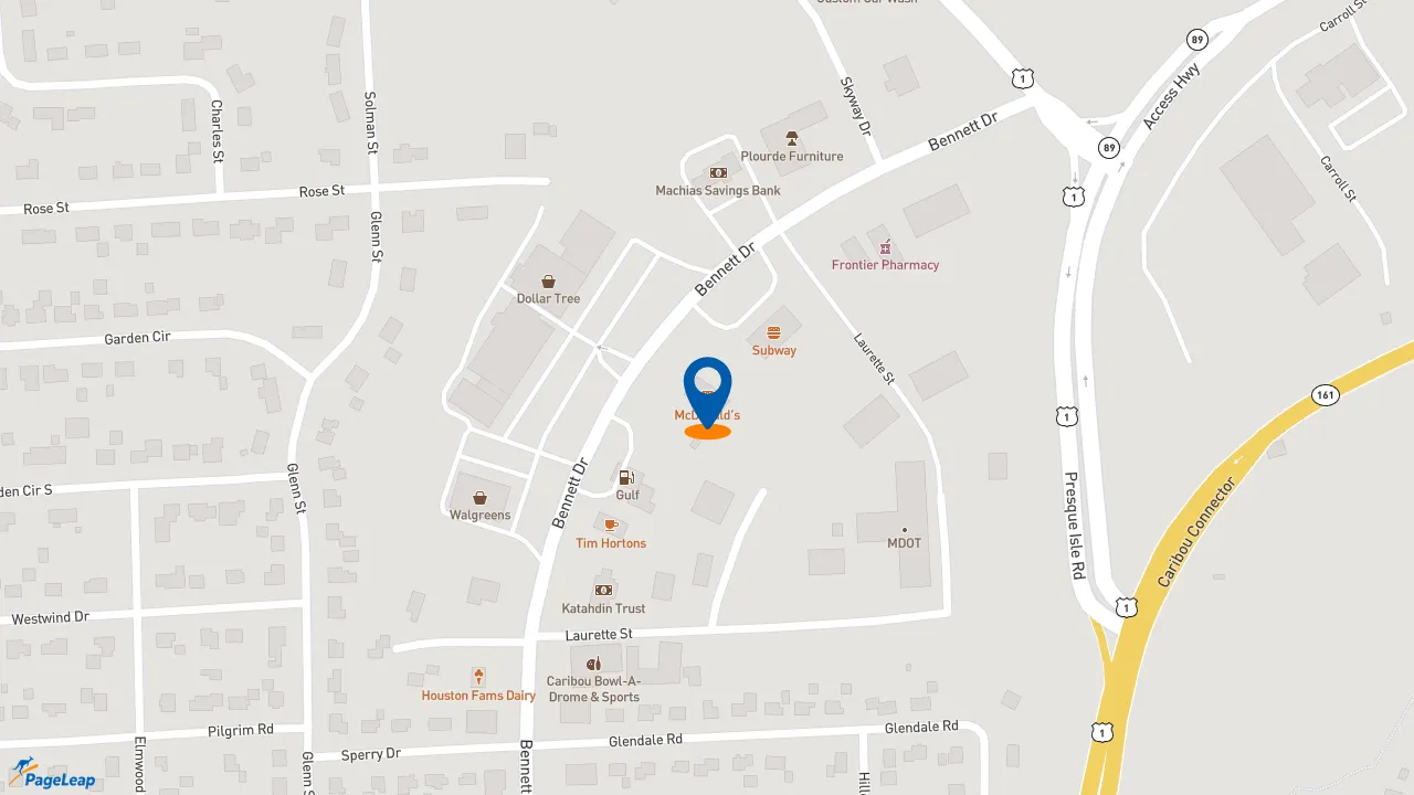 https://pageleap.com map showing location of McDonald&#039;s in Caribou.