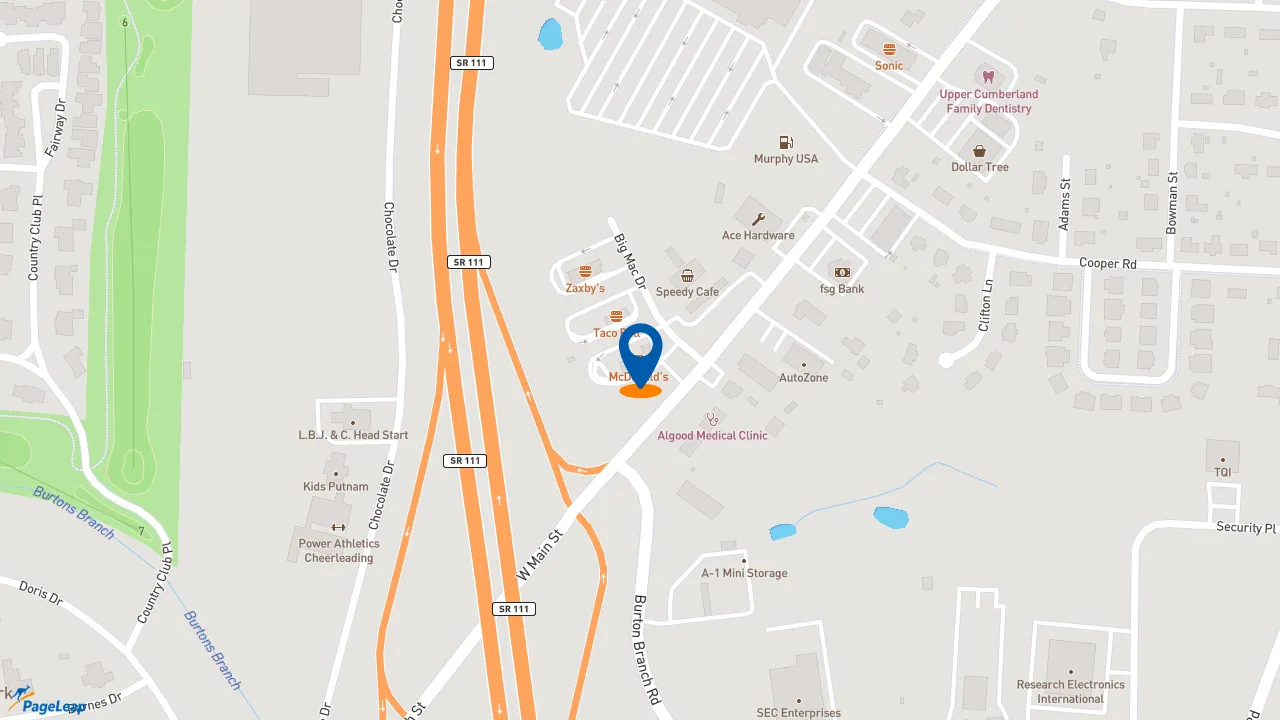 https://pageleap.com map showing location of McDonald&#039;s in Algood.
