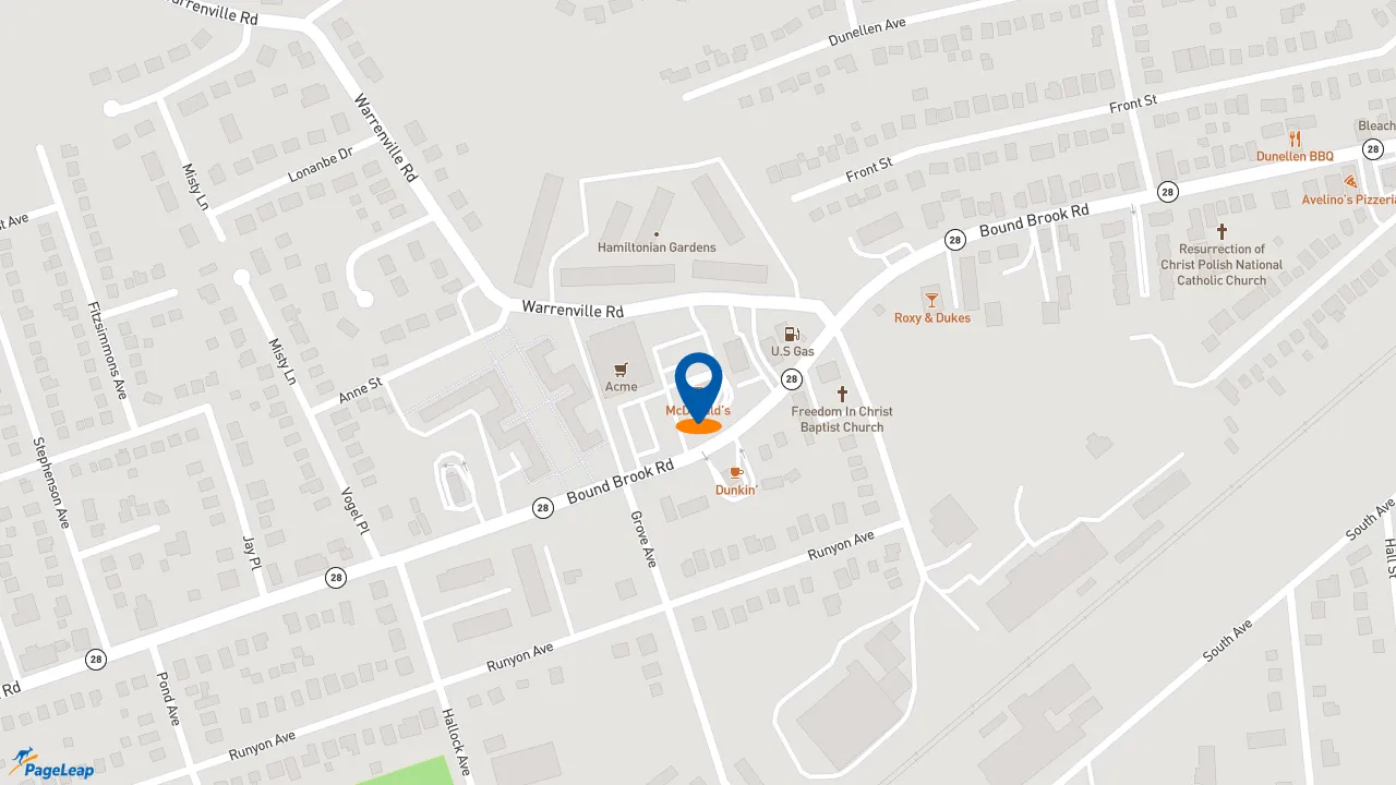 https://pageleap.com map showing location of McDonald&#039;s in Middlesex.