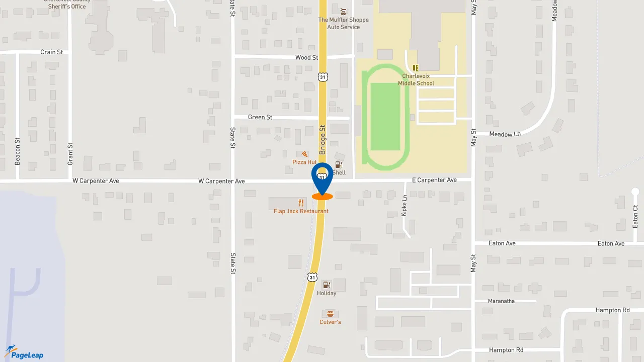 https://pageleap.com map showing location of McDonald&#039;s in Charlevoix.