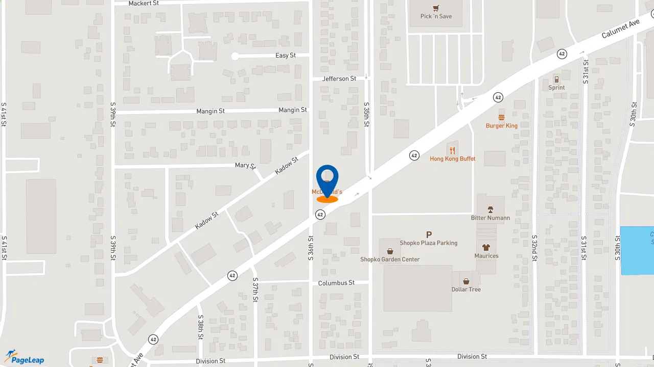 https://pageleap.com map showing location of McDonald&#039;s in Manitowoc.