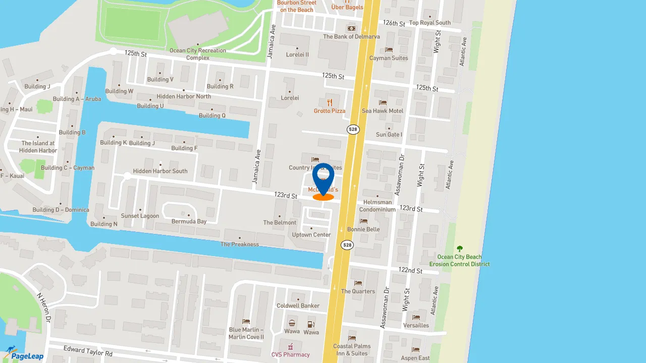 https://pageleap.com map showing location of McDonald&#039;s in Ocean City.