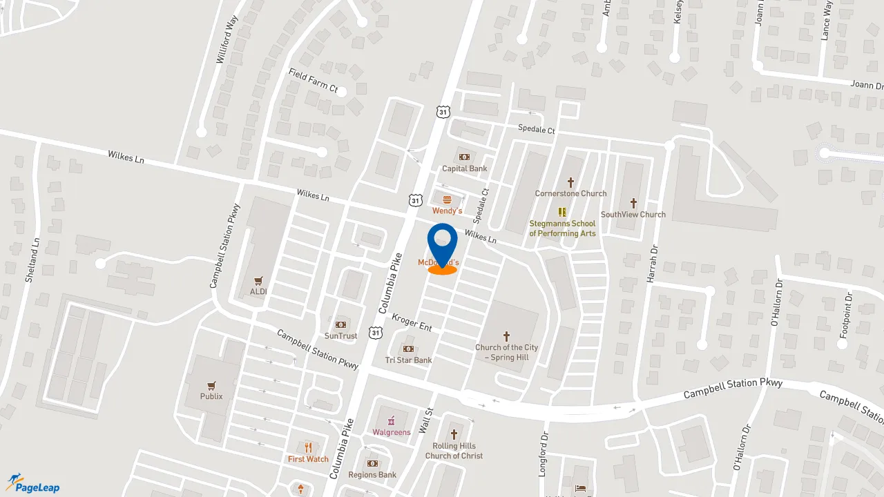 https://pageleap.com map showing location of McDonald&#039;s in Spring Hill.