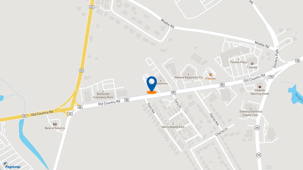 https://pageleap.com map showing location of McDonald&#039;s in Riverhead.