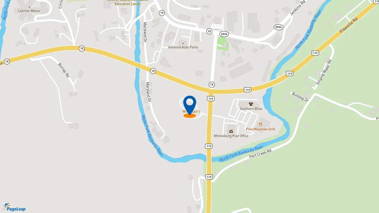 https://pageleap.com map showing location of McDonald&#039;s in Whitesburg.