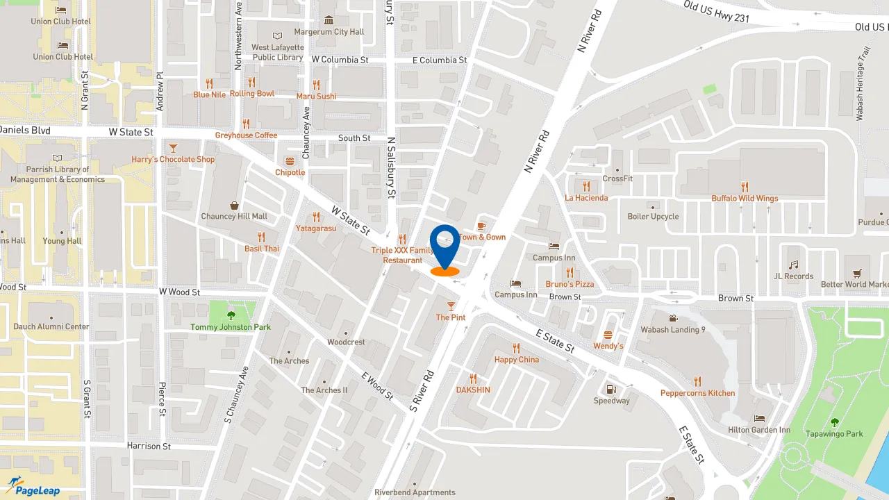 https://pageleap.com map showing location of McDonald&#039;s in West Lafayette.