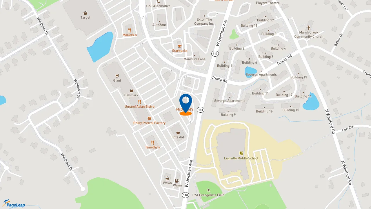 https://pageleap.com map showing location of McDonald&#039;s in Exton.