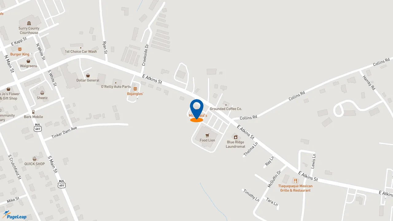 https://pageleap.com map showing location of McDonald&#039;s in Dobson.