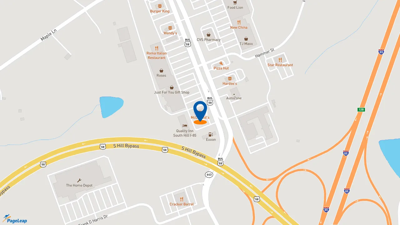 https://pageleap.com map showing location of McDonald&#039;s in South Hill.