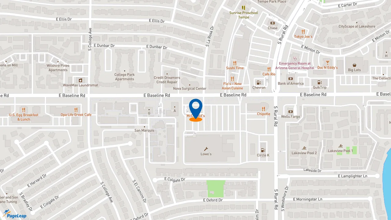 https://pageleap.com map showing location of McDonald&#039;s in Tempe.