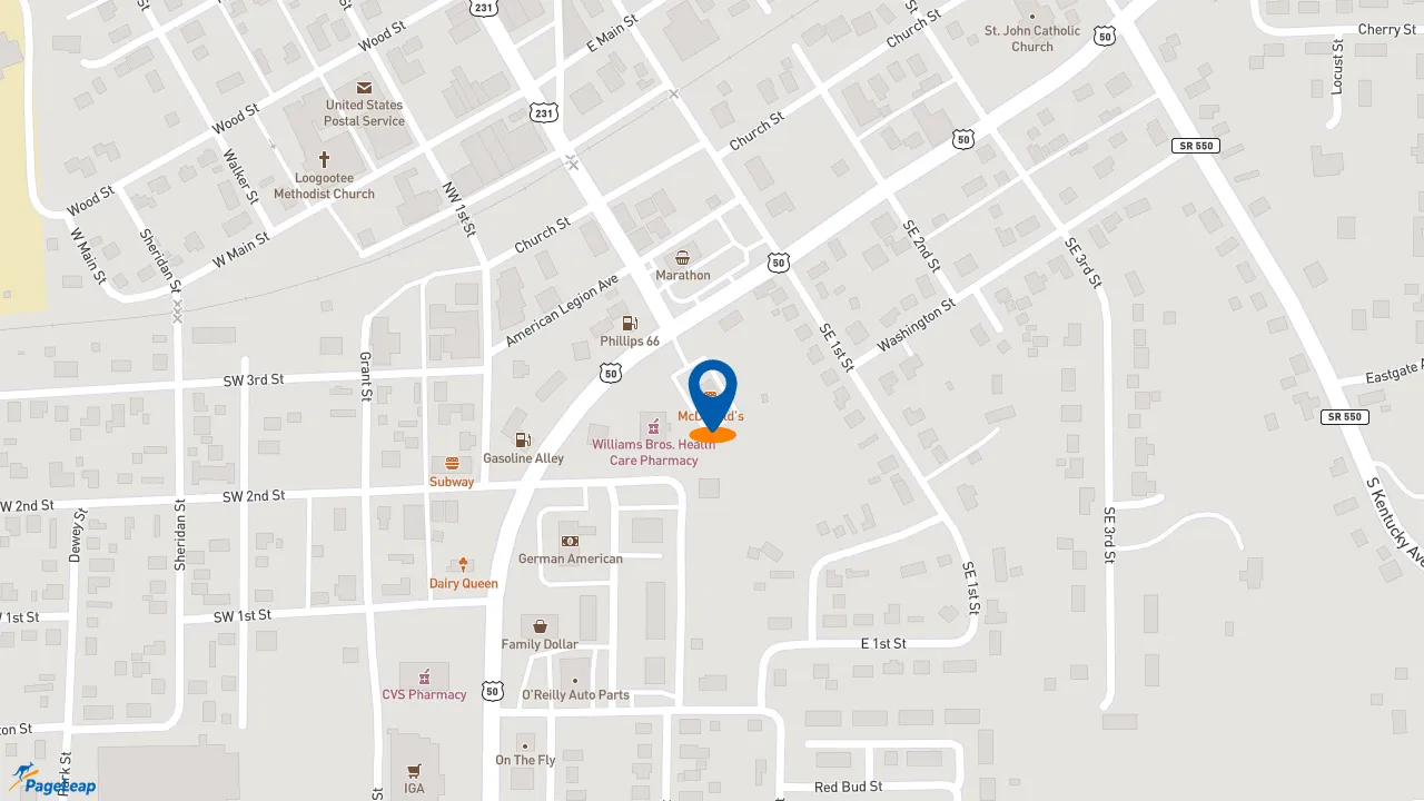 https://pageleap.com map showing location of McDonald&#039;s in Loogootee.