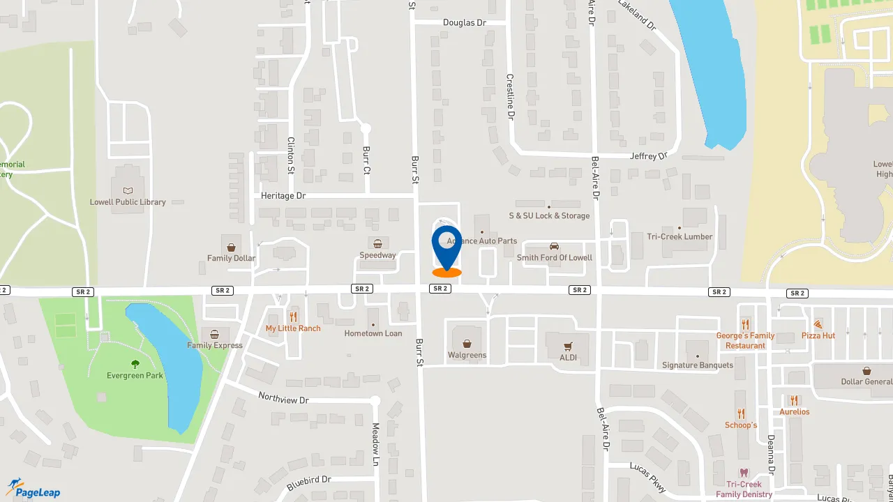 https://pageleap.com map showing location of McDonald&#039;s in Lowell.