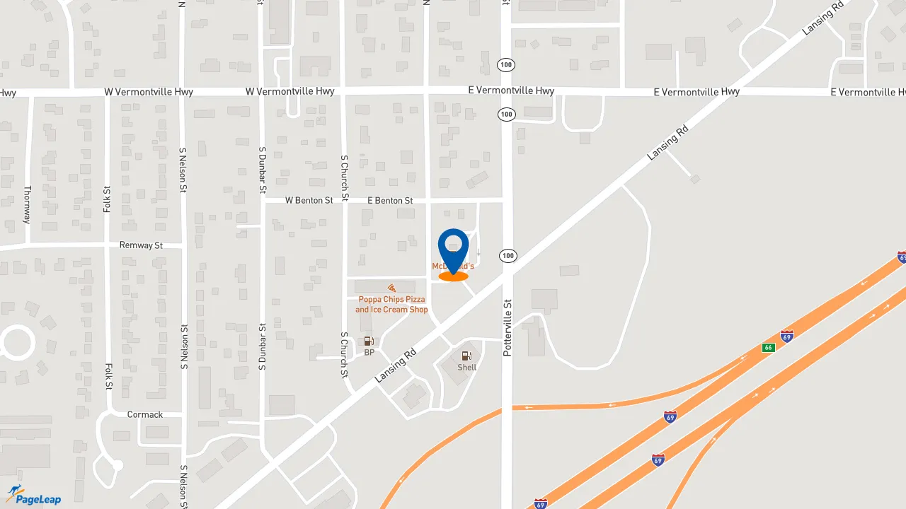 https://pageleap.com map showing location of McDonald&#039;s in Potterville.