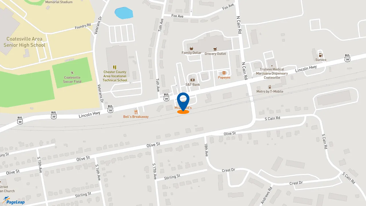 https://pageleap.com map showing location of McDonald&#039;s in Coatesville.