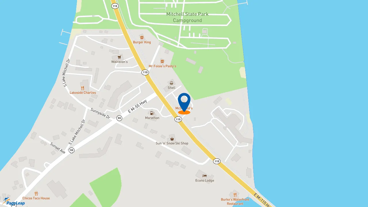 https://pageleap.com map showing location of McDonald&#039;s in Cadillac.