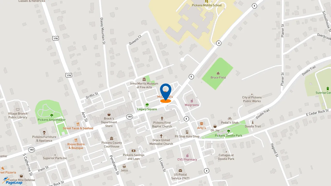 https://pageleap.com map showing location of McDonald&#039;s in Pickens.