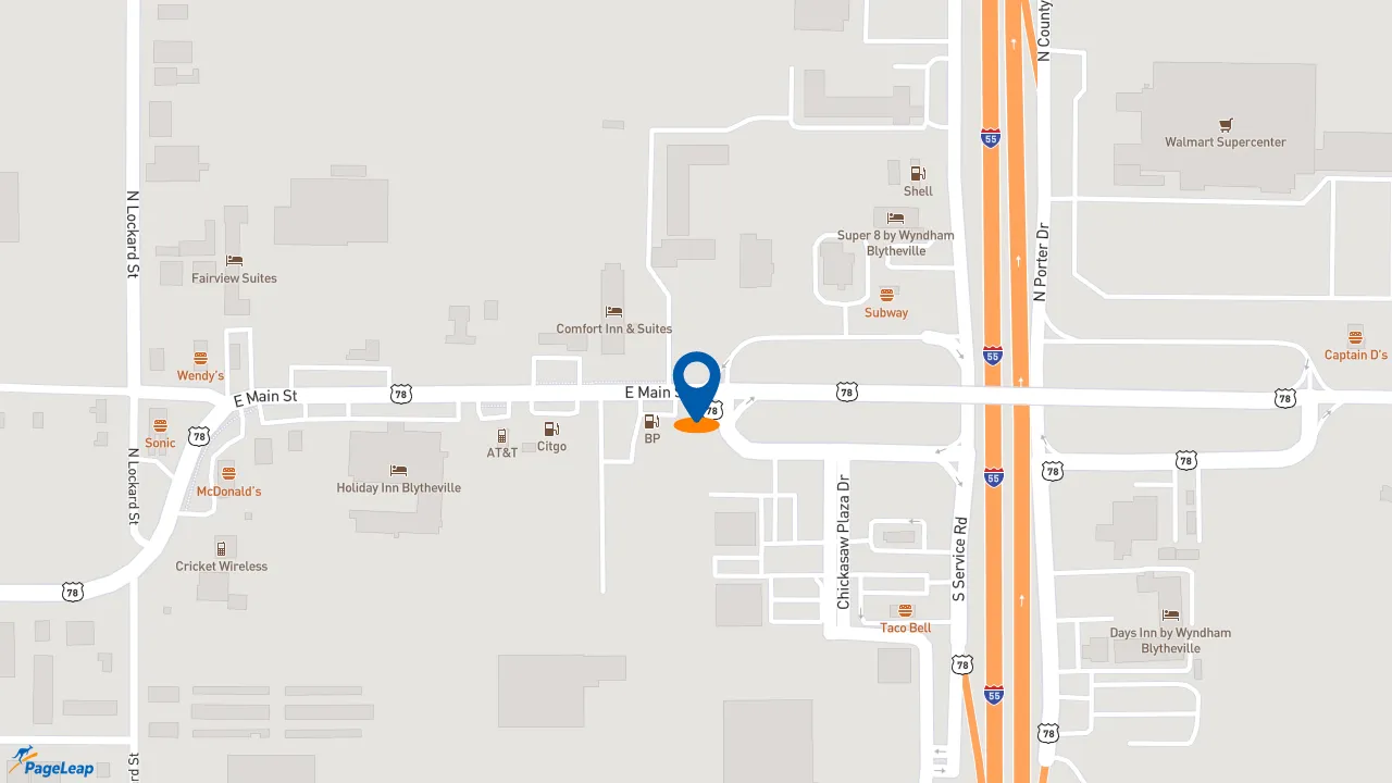 PageLeap.com map showing location of McDonald's in Blytheville.