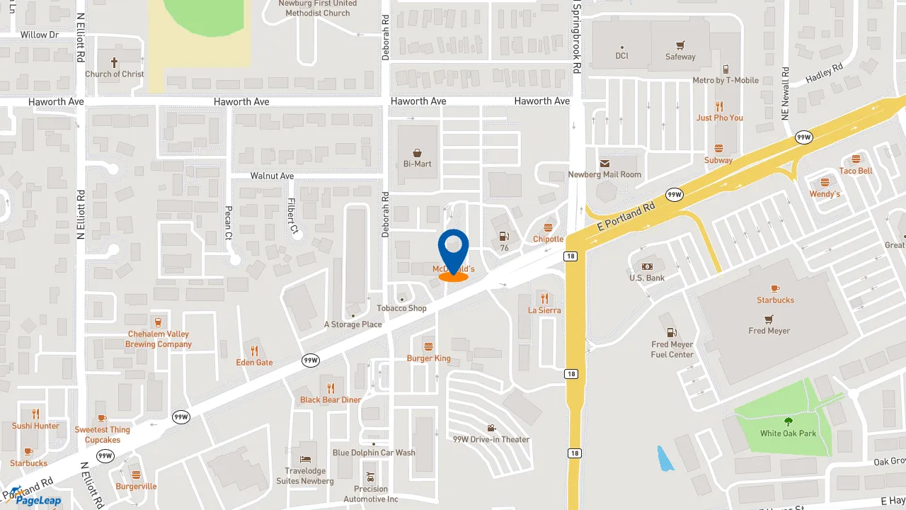 https://pageleap.com map showing location of McDonald&#039;s in Newberg.