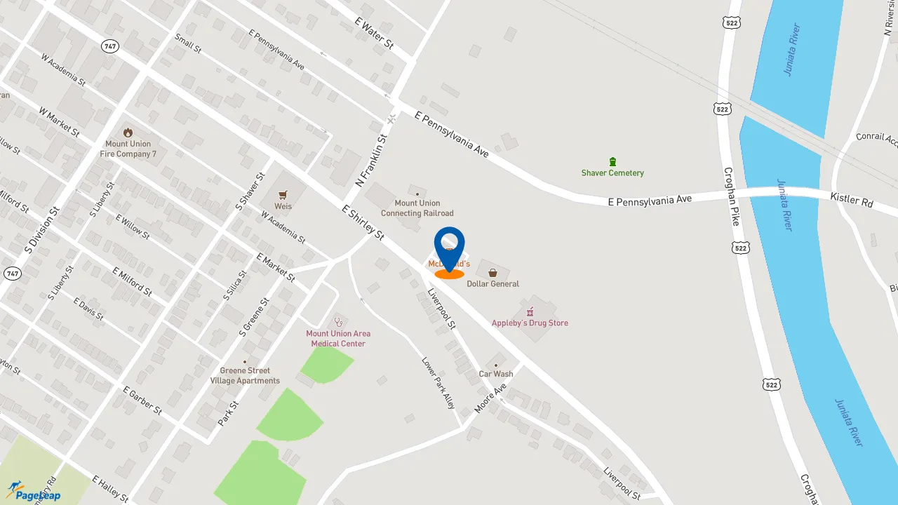 https://pageleap.com map showing location of McDonald&#039;s in Mount Union.