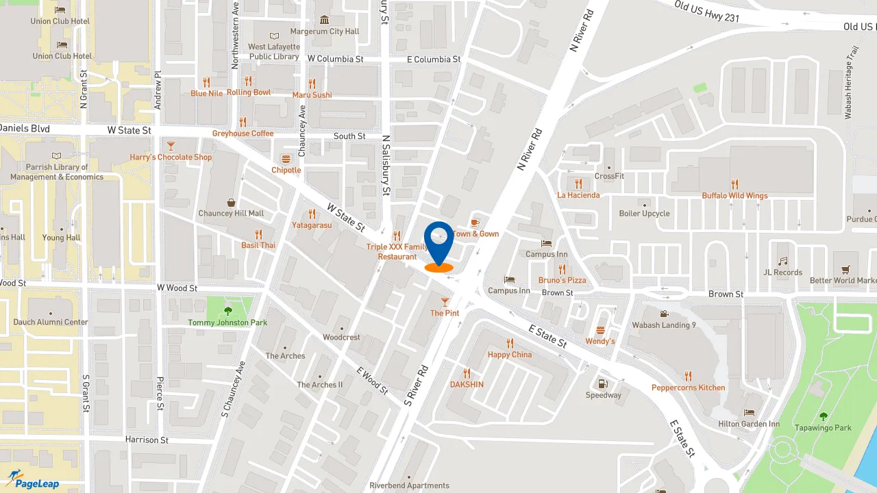 https://pageleap.com map showing location of McDonald&#039;s in West Lafayette.