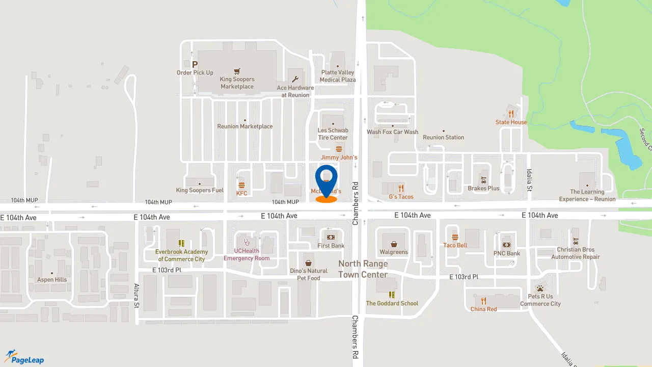 https://pageleap.com map showing location of McDonald&#039;s in Commerce City.