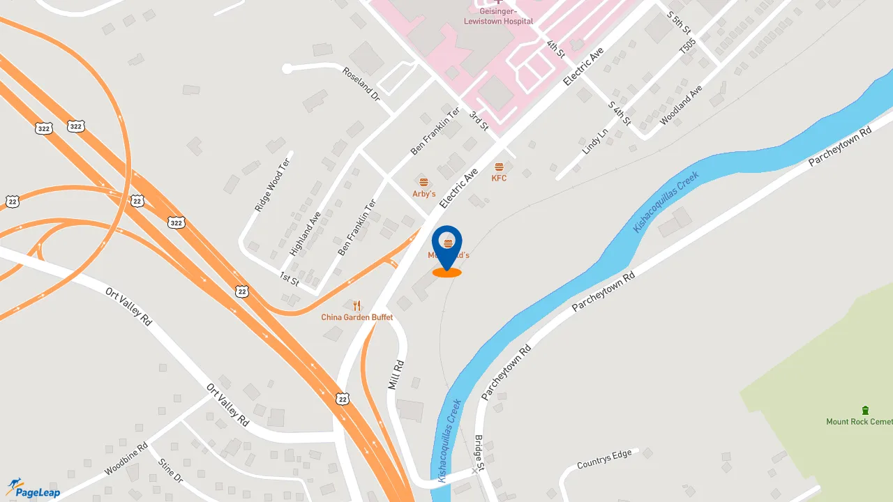 https://pageleap.com map showing location of McDonald&#039;s in Lewistown.