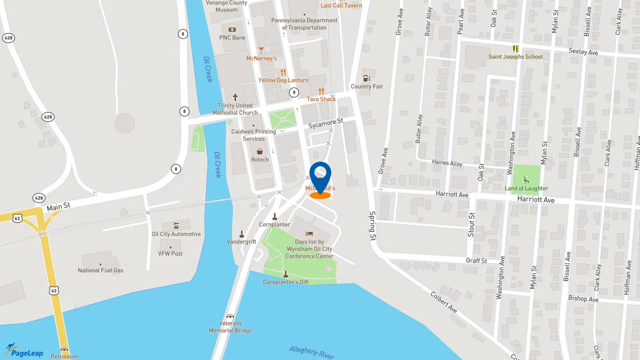 https://pageleap.com map showing location of McDonald&#039;s in Oil City.