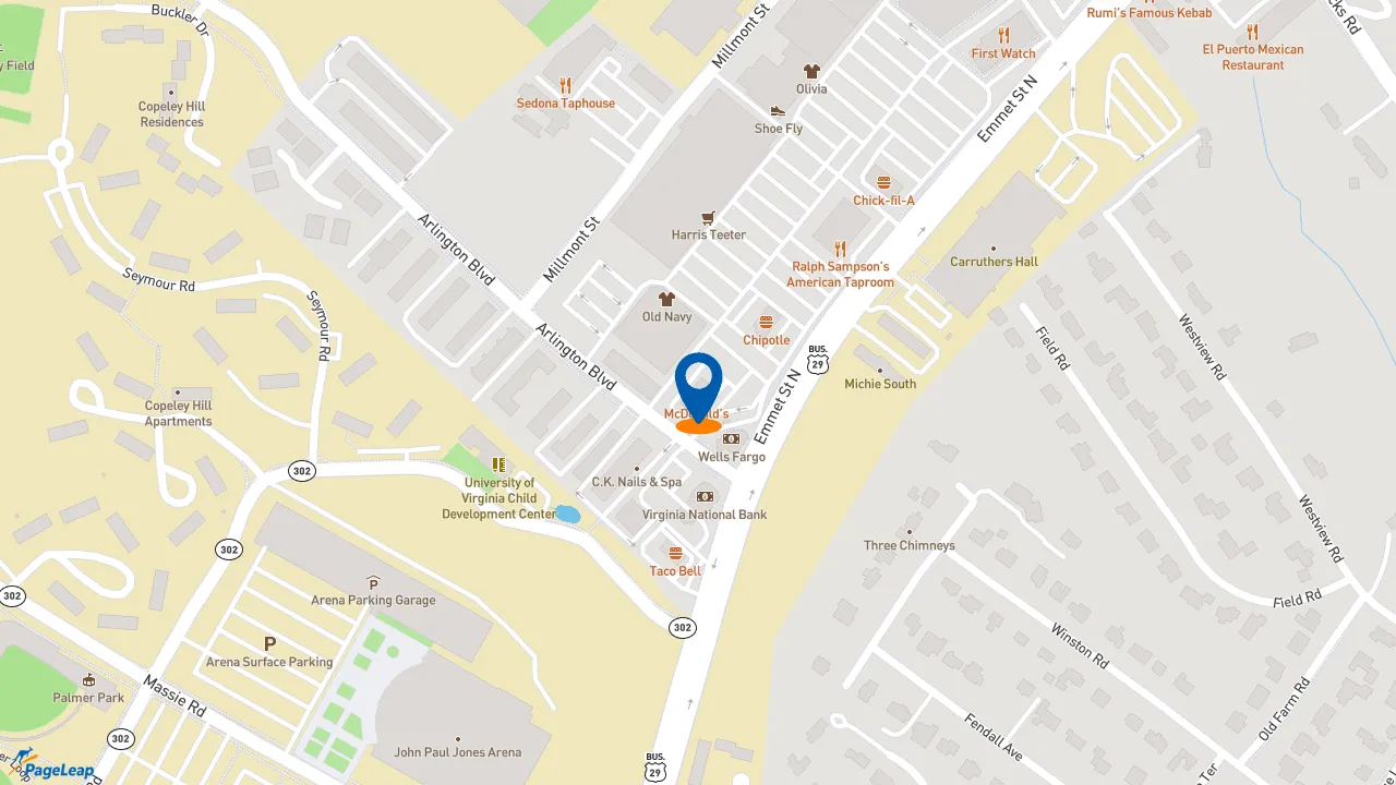 PageLeap.com map showing location of McDonald's in Charlottesville.
