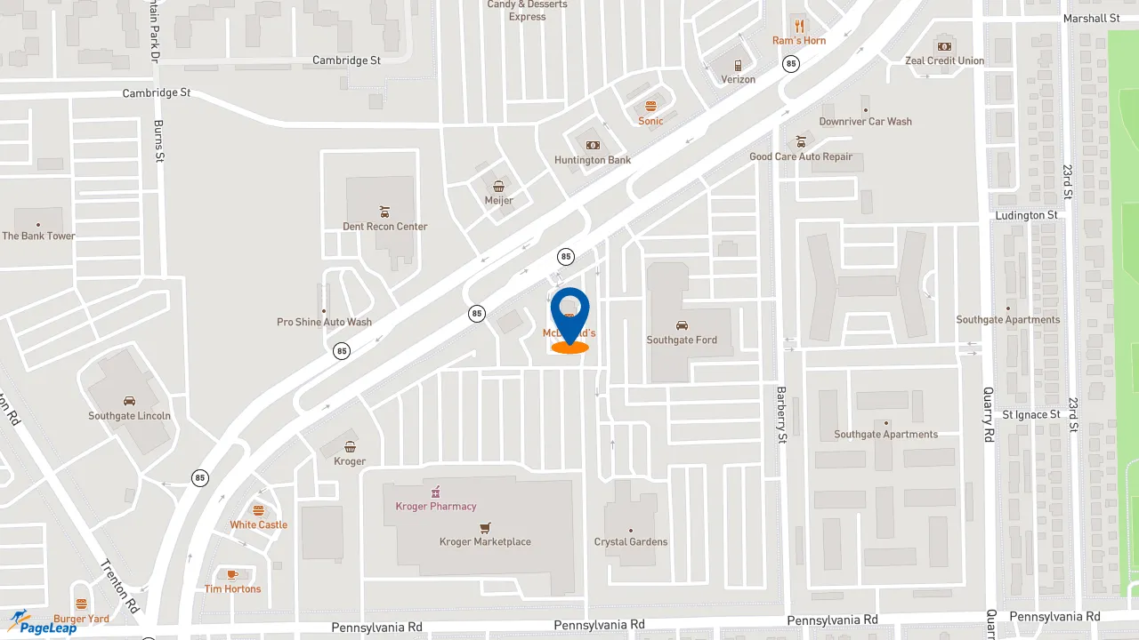 https://pageleap.com map showing location of McDonald&#039;s in Southgate.