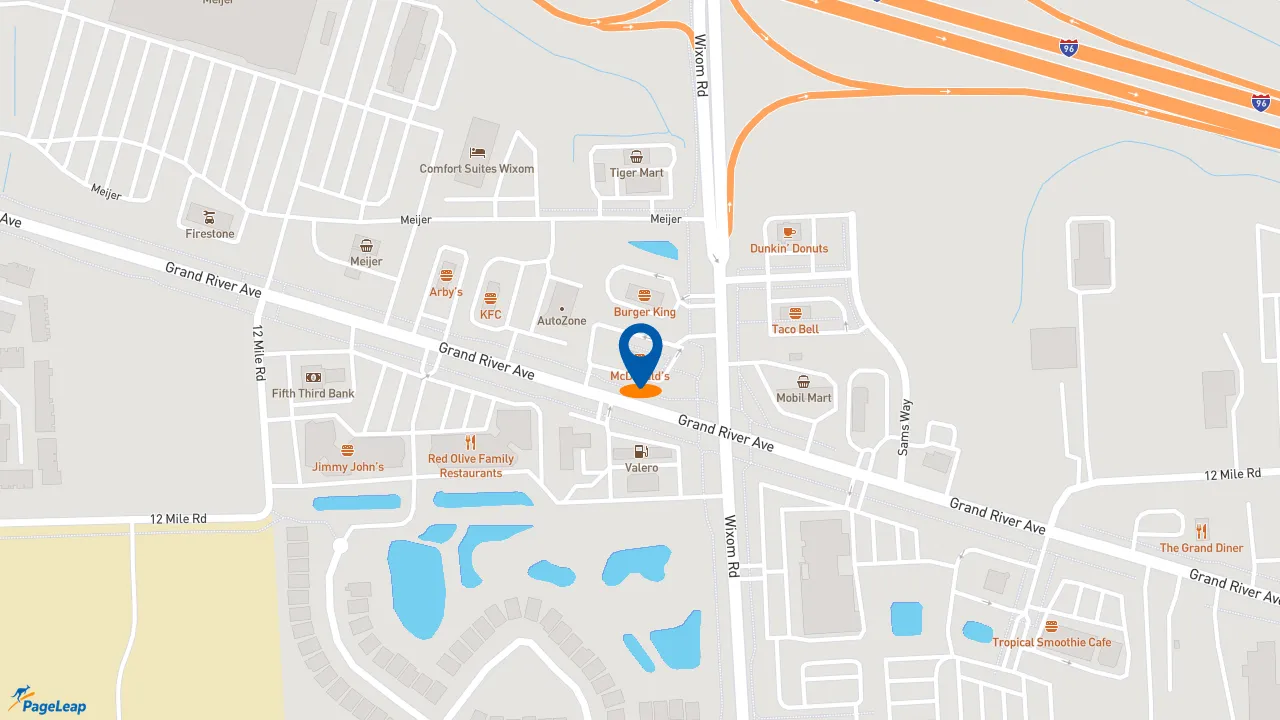 https://pageleap.com map showing location of McDonald&#039;s in Wixom.