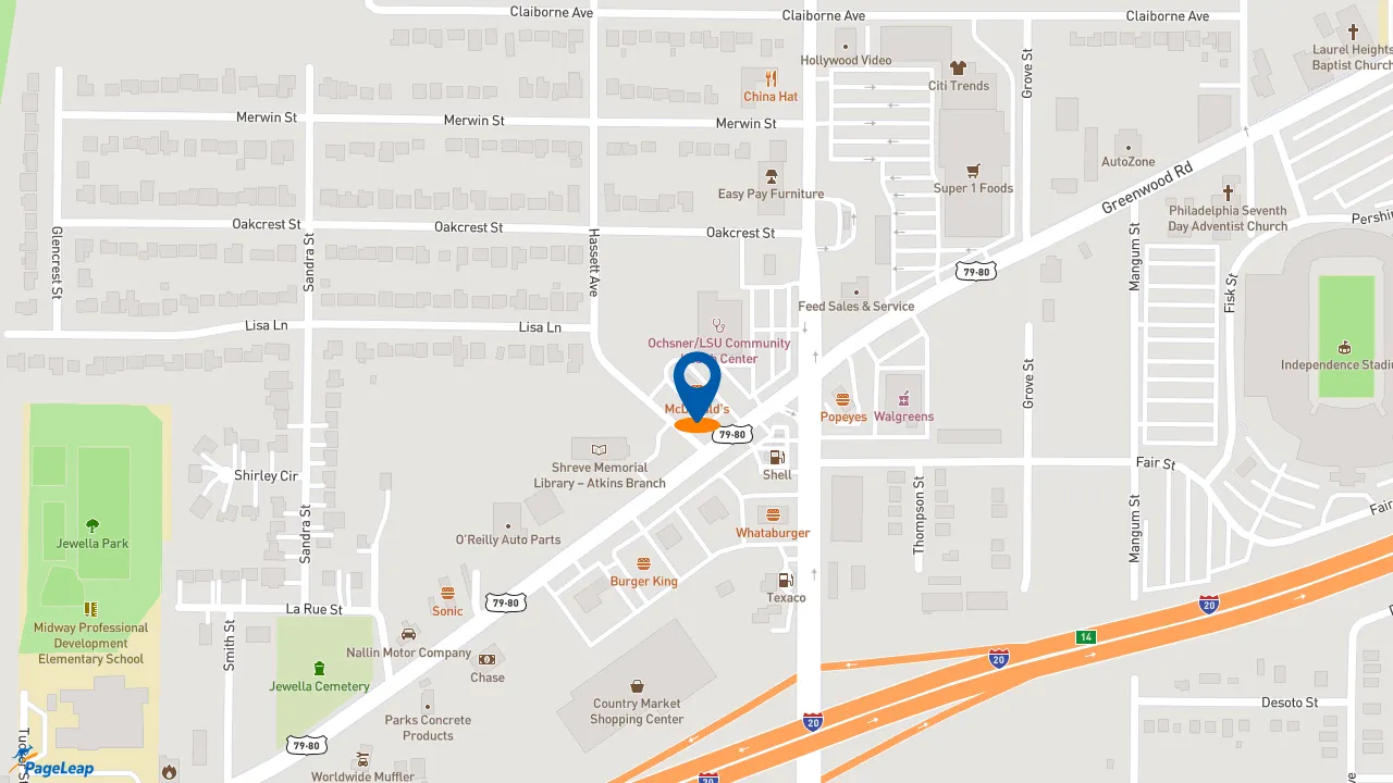 https://pageleap.com map showing location of McDonald&#039;s in Shreveport.