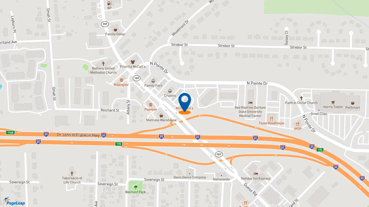 https://pageleap.com map showing location of McDonald&#039;s in Durham.
