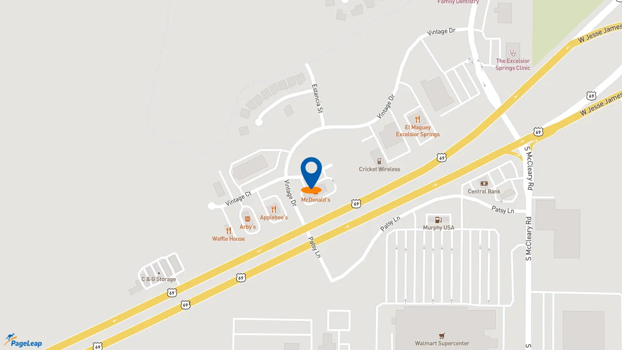https://pageleap.com map showing location of McDonald&#039;s in Excelsior Springs.