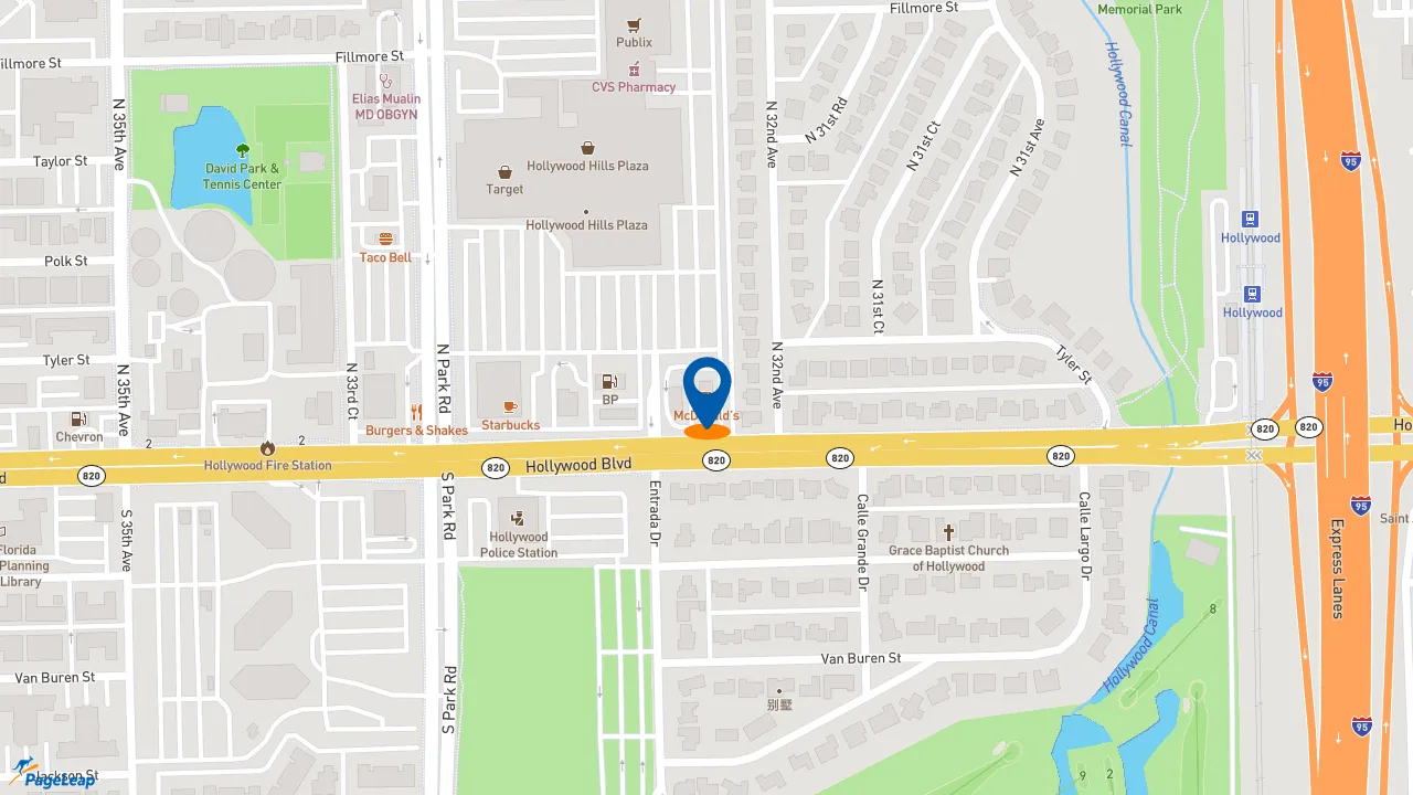 https://pageleap.com map showing location of McDonald&#039;s in Hollywood.