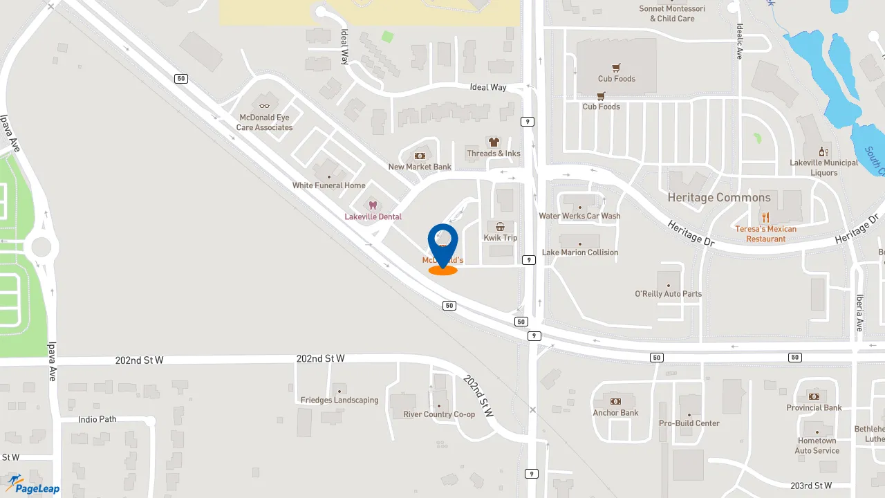 https://pageleap.com map showing location of McDonald&#039;s in Lakeville.
