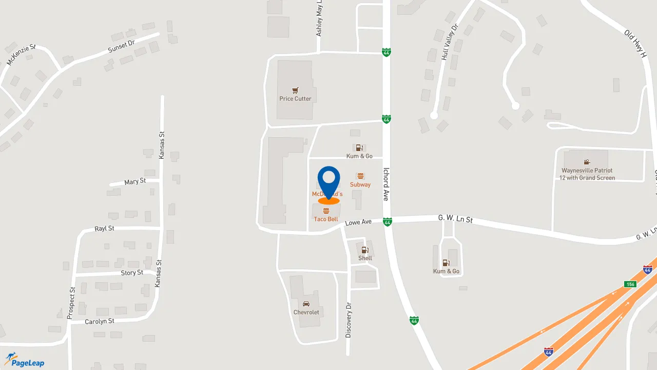 https://pageleap.com map showing location of McDonald&#039;s in Waynesville.