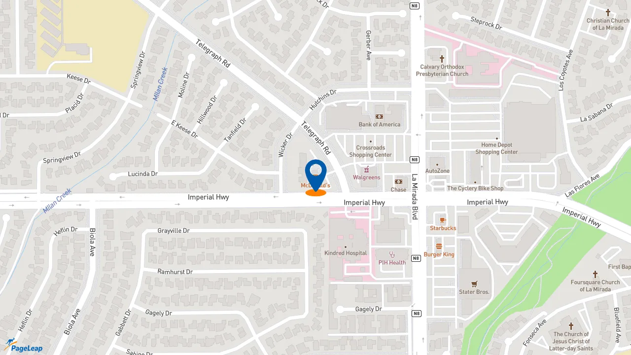 https://pageleap.com map showing location of McDonald&#039;s in La Mirada.