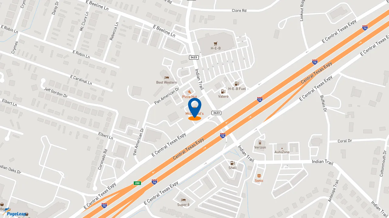 https://pageleap.com map showing location of McDonald&#039;s in Harker Heights.