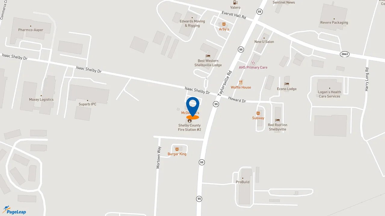 https://pageleap.com map showing location of McDonald&#039;s in Shelbyville.