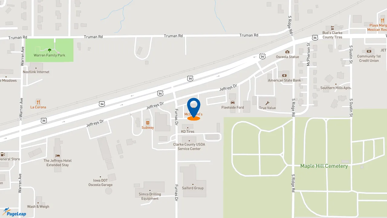 https://pageleap.com map showing location of McDonald&#039;s in Osceola.