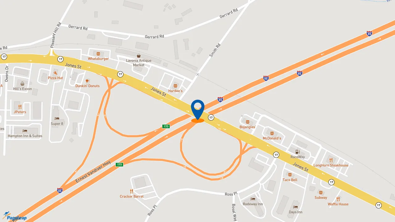 https://pageleap.com map showing location of McDonald&#039;s in Lavonia.