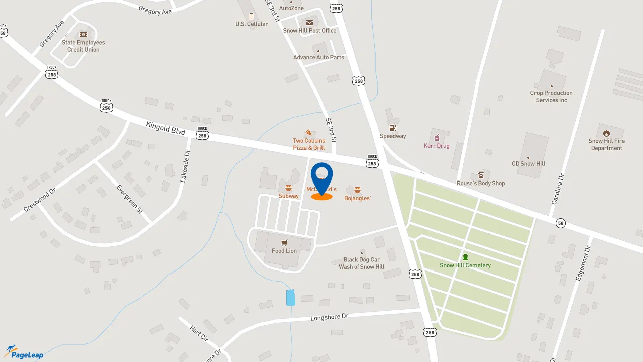 https://pageleap.com map showing location of McDonald&#039;s in Snow Hill.