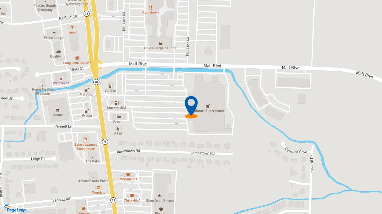 https://pageleap.com map showing location of McDonald&#039;s in Dyersburg.