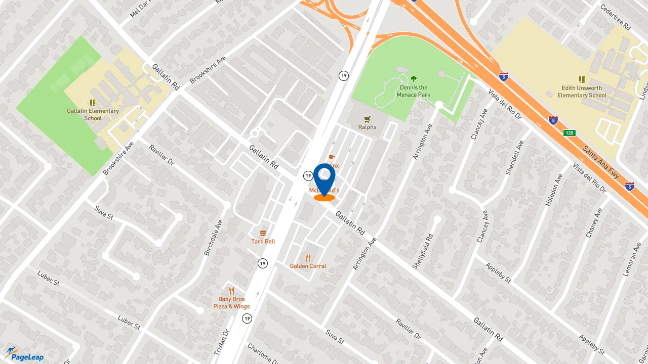https://pageleap.com map showing location of McDonald&#039;s in Downey.