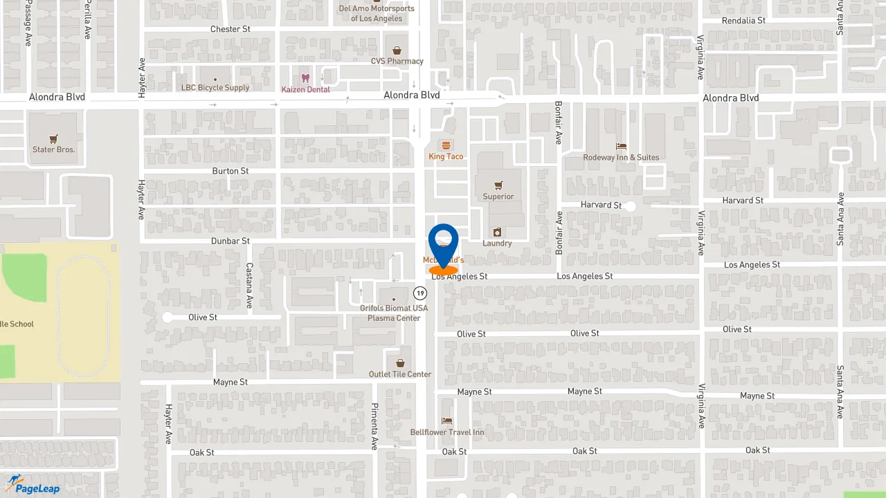 https://pageleap.com map showing location of McDonald&#039;s in Bellflower.